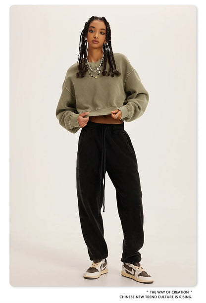 ZODF Winter Women Short Fleece Cropped Sweatshirts Girls Female Hip Hop Loose 400gsm V-Neck Pullovers Brand Tops HY0437