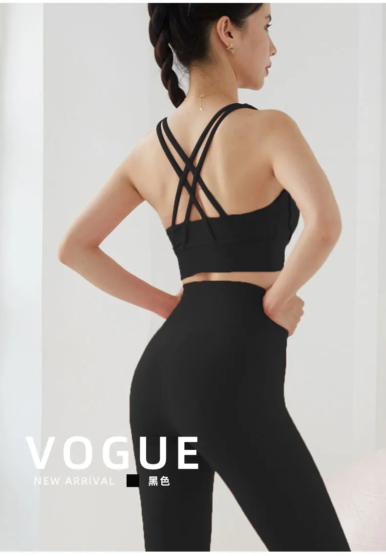 2 Piece Yoga Set Solid Color Women's High Waisted Leggings Tight-Fitting Quick-Drying Running Underwear Cross Bra Fitness Suit