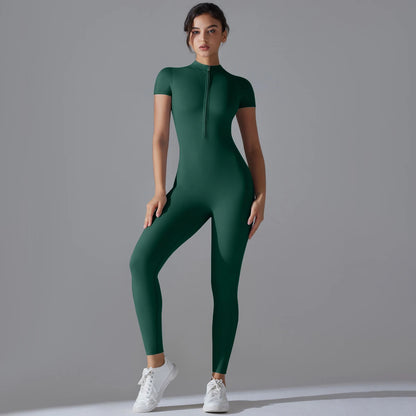 Naked zipper short sleeved yoga suit jumpsuit, quick drying breathable outdoor sports tight fitting jumpsuit, fitness suit