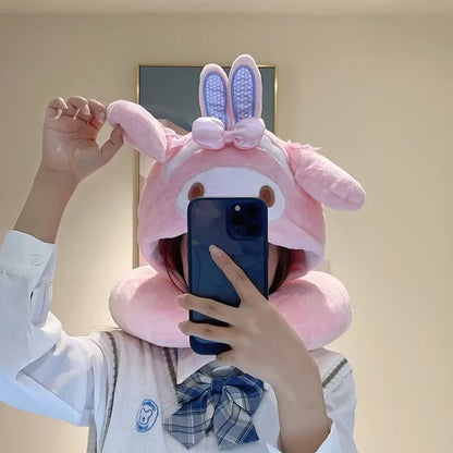 Lovely My Melody U-shaped Hooded Pillow Kawaii Japanese Style Blackout Travel Pillow Office Cartoon Nap Pillow Pink Girl