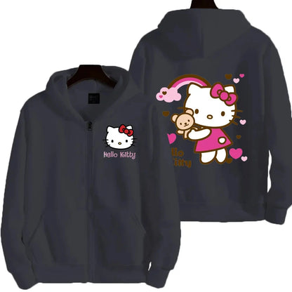 Women's Zipper Hoodie Autumn and Winter New Cute Kawaii Sanrio Hello Kitty Pattern Sweatshirt 2024 Streetwear Women's Clothing