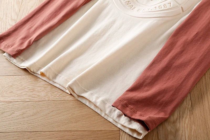 Summer New American Retro Long-sleeved O-neck 3D Letter Printed T-shirt Men's Fashion Simple 100%Cotton Washed Casual Sport Tops