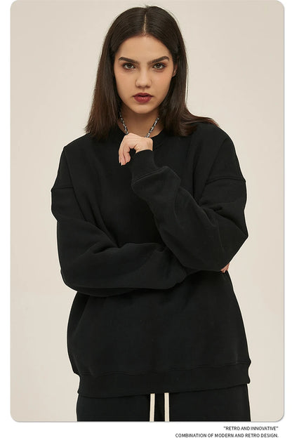 ZODF New 2025 Winter 350gsm Fleece Sweatshirts For Men Unisex Casual Loose Basic Solid O-Neck Thick Warm Pullovers HY0635