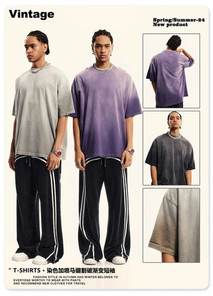 ZODF 2024 Summer Men Washed Gradient T-Shirts Unisex Women Distressed 250gsm Cotton T Shirt Brand Tees Streetwears HY0814