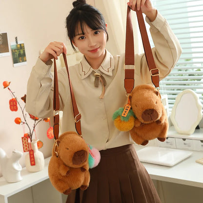 High Quality Fluffy Capybara Plush Bag Furry Stuffed Animal Capybara Soft Shoulder Bag with Cute Fruit Charm Decor for Girl