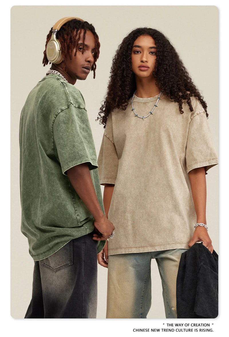 ZODF New Summer Men Washed Batik Cotton T Shirts Unisex American Retro High Street 270gsm Short Sleeve Tees Streetwear HY0489