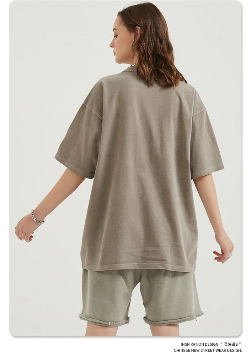 ZODF Men 2024 Retro Summer Washed Solid Cotton T-Shirts Unisex Retro Loose High Street 250gsm Basic Tees Streerwears HY0075