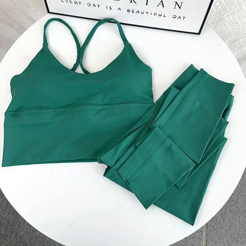 2 Piece Yoga Set Sportswear Fitness Suit with Sexy Cross Back Top and High Waist Elastic Leggings for Running Workout