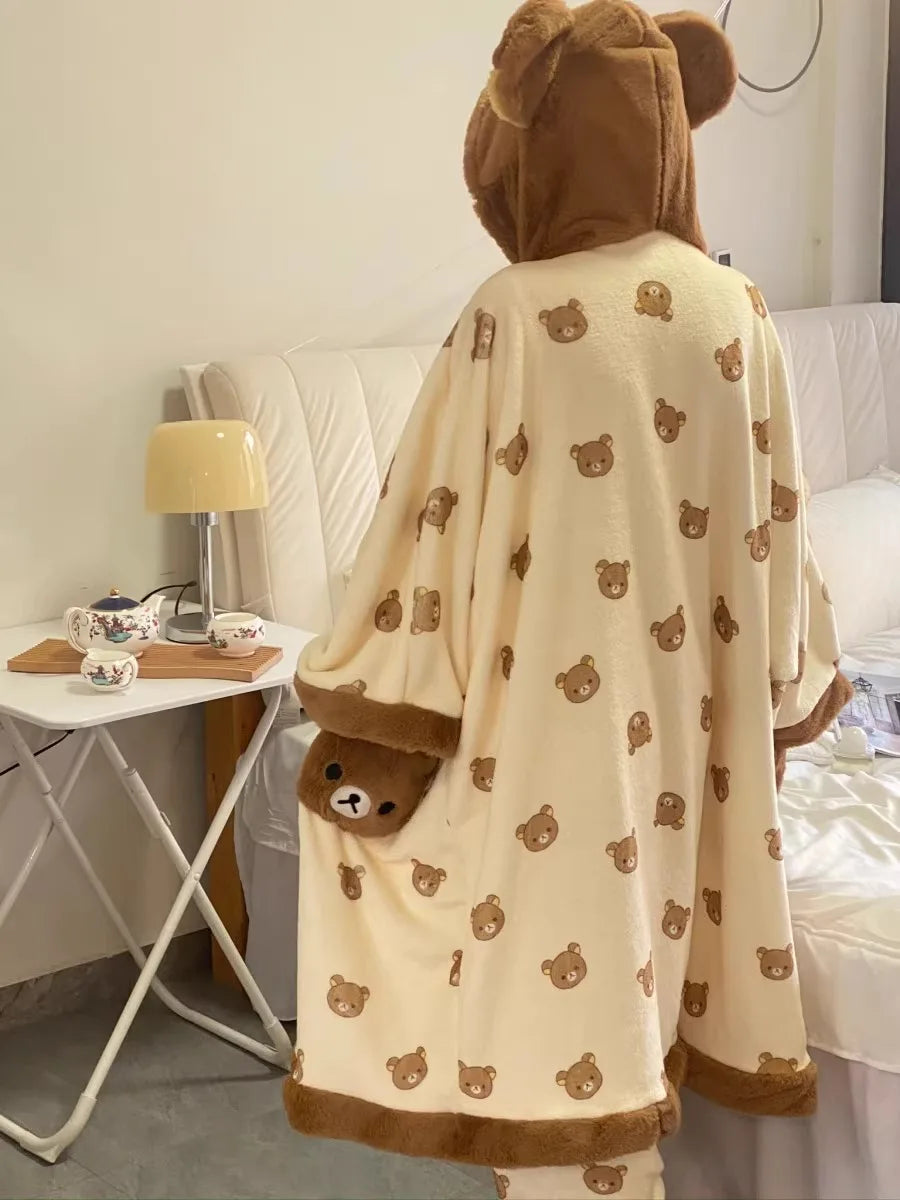 Rilakkuma Women'S Fleece-Lined Thickened Robe Coral Fleece Flannel Hooded Home Clothes Warm Nightgowns Casual Wear For Going Out