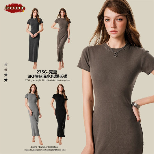 ZODF Sexy 2025 Spring Women 275gsm Long Dress Female Girls O Neck Washed Distressed Slim Slit Fit Dresses HY1008