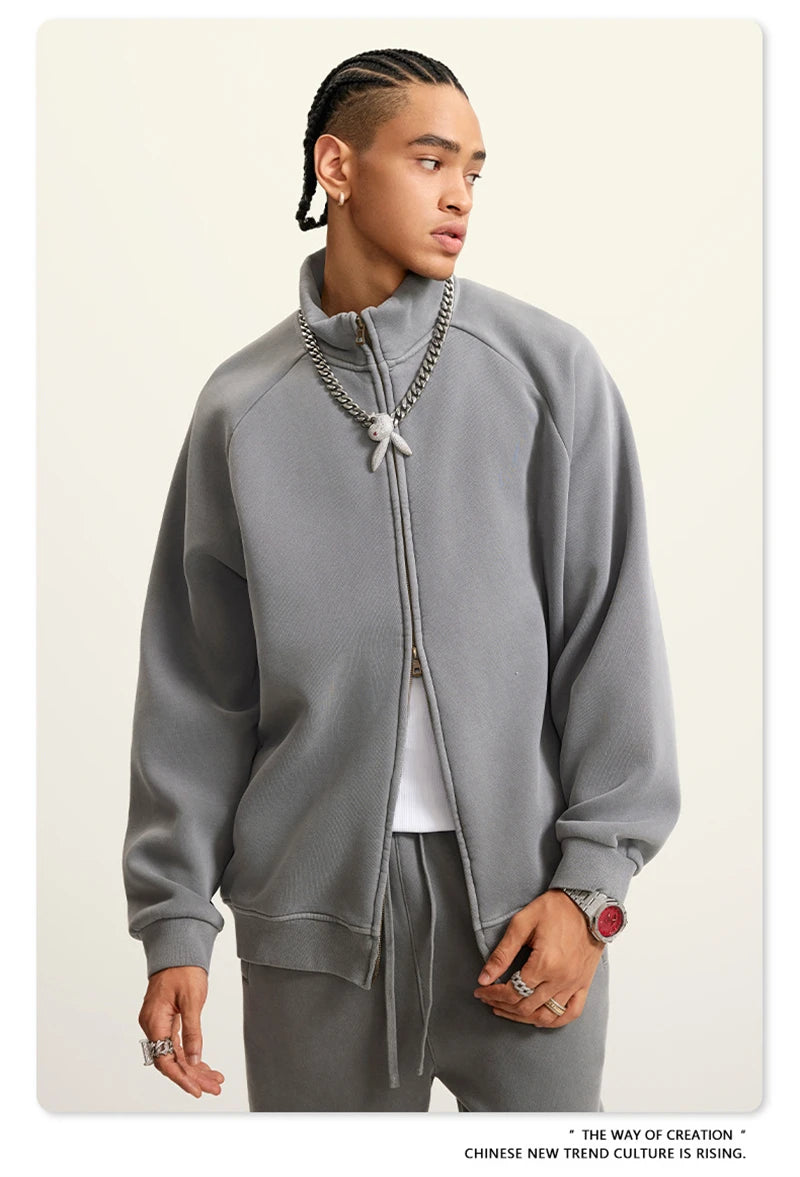 ZODF Retro Winter Men Washed Fleece Zipper Jackets Unisex Loose Oversized 400gsm Raglan Sleeve Coats Streetwears HY0649
