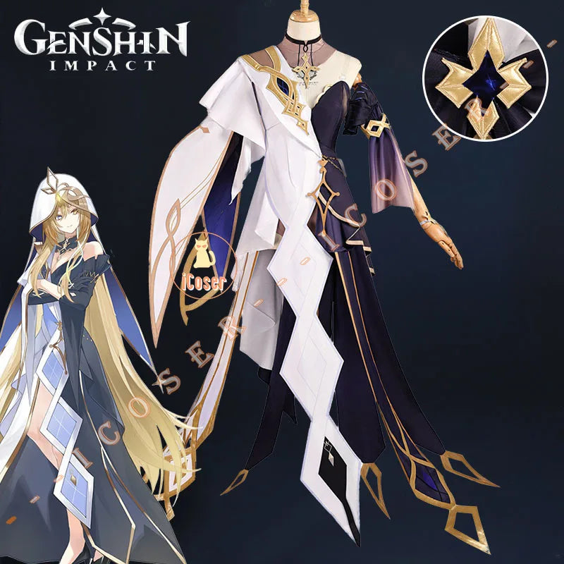 Genshin Impact Rhinedottir Naberius Cosplay Costume Dress Wig Uniform Headwear Four Shades Halloween Party for Women Girls Prop