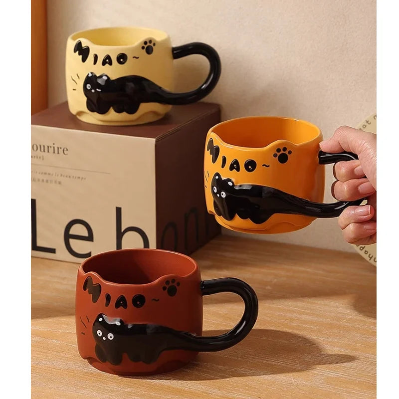 Cat Stacking Mug Creative Cute Cartoon Cat Ceramic Coffee Cup Fun Cat Tail Integrated Handle Cup Couple Water Cup Birthday Gift