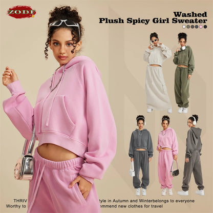 ZODF Women Hotsweet 2025 Winter Washed Fleece Crop Hoodies Girls Oversized Raglan Sleeve 400gsm Hooded Pullovers HY0648