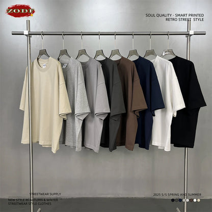 ZODF New Men Summer Boxy 275gsm Cotton T-Shirts Retro Unisex Oversized Short Version Basic T Shirt Brand Tees HY1070