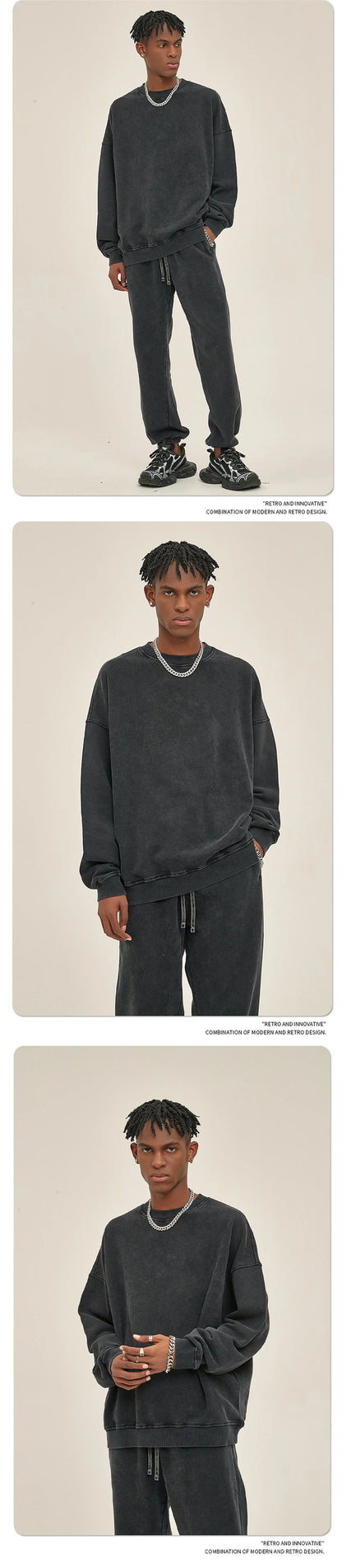 ZODF Retro Autumn Men Batik Washed Cotton Sweatshirts Unisex Loose 420gsm Terry O Neck Pullovers Streetwears HY0665