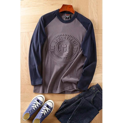 Summer New American Retro Long-sleeved O-neck 3D Letter Printed T-shirt Men's Fashion Simple 100%Cotton Washed Casual Sport Tops