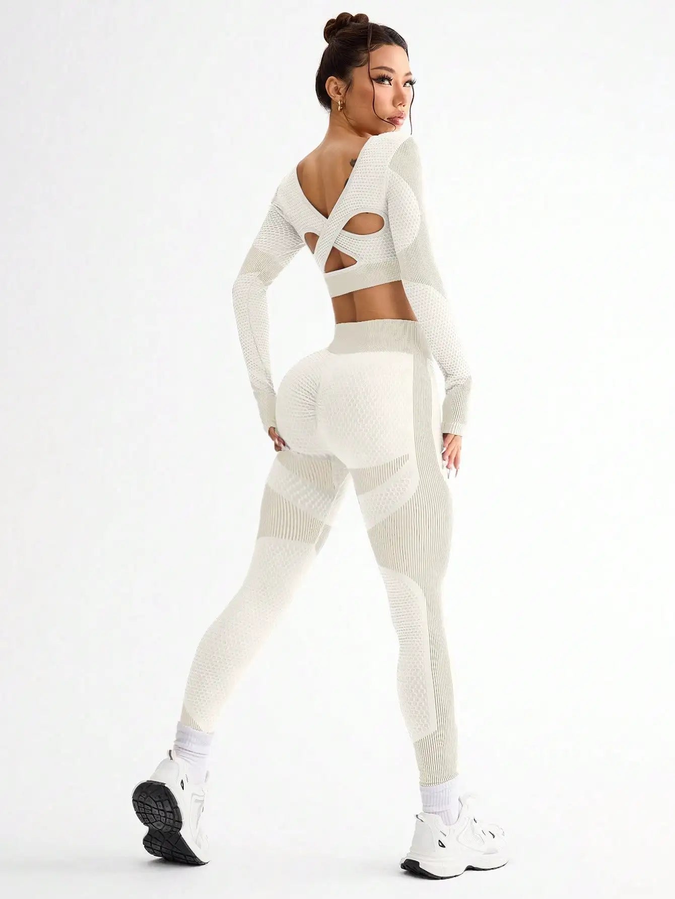 2pcs Women’s Seamless Breathable Sports Yoga Running Fitness Suit - Off-Whtie / L