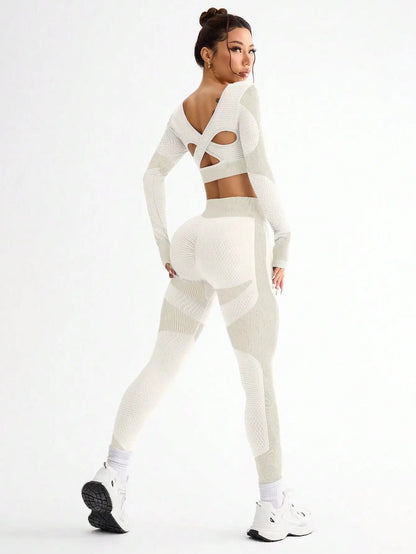 2pcs Women’s Seamless Breathable Sports Yoga Running Fitness Suit - Off-Whtie / L