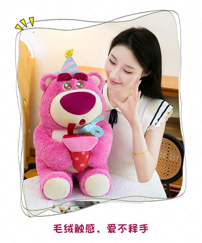 Disney Plush Strawberry Bear Doll with Birthday Hat Cute Stuffed Animal for Kids Birthday Xmas Gift Perfect Toy for Children And