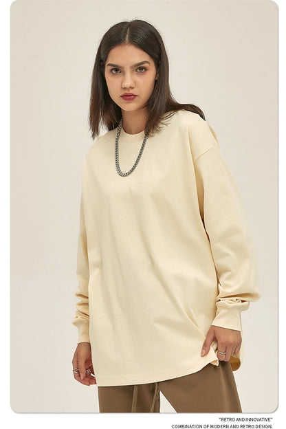 ZODF New 2025 Autumn Men 305gsm 100% Cotton T Shirt Unisex Loose Heavy Weight Basic Long Sleeve Solid T-Shirts Tops HY0634