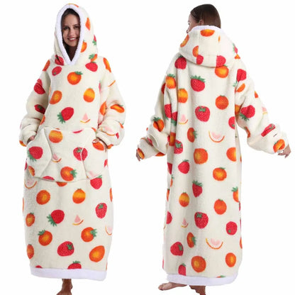 Oversized Blanket Hoodie for Adults Blue Leopard Cartoon Long Plush Thick Wearable Blanket with Sleeves Women Man Winter Clothes
