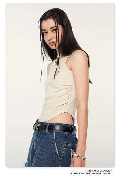 ZODF Women 2024 Summer Washed Tank Tops Female Hotsweet Girls 235gsm Slim Pleated Arc Hem Camisole TEE Streetwears HY0795