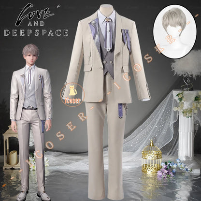 Love and Deepspace Xavier Cosplay Costume Wig Birthday Outfit Uniform Suit Brooch Halloween Party for Women Men Carnival Props
