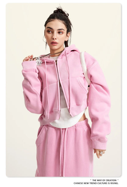 ZODF Retro 2025 Winter Women Short Zipper Hoodies Female Girls Loose 355gsm Thick Fleece Hooded Zip-up Coat Streetwears HY0448