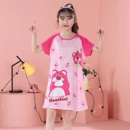 MINISO Children Home Clothing Girls Night Dress Summer Short Sleeve Disney Hello Kitty Cat Toddler Girl Pjs Nightgown Sleepwear