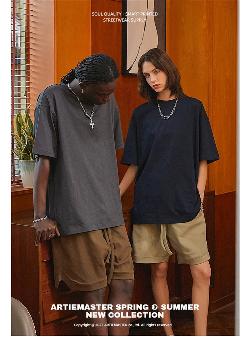 ZODF New Summer Men 275gsm Cotton T Shirts Unisex Women High Street Oversized FG Noshrink Solid T-Shirt Streetwears HY0152