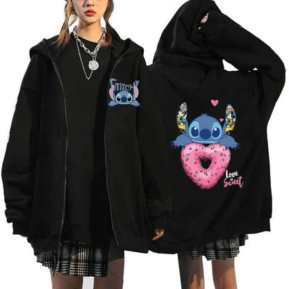 Womens Black Zip Hoodie Lilo & Stitch Mascot Costume Womens Winter Jacket Sale Sweater Aesthetic Pattern Hoodie Outerwear