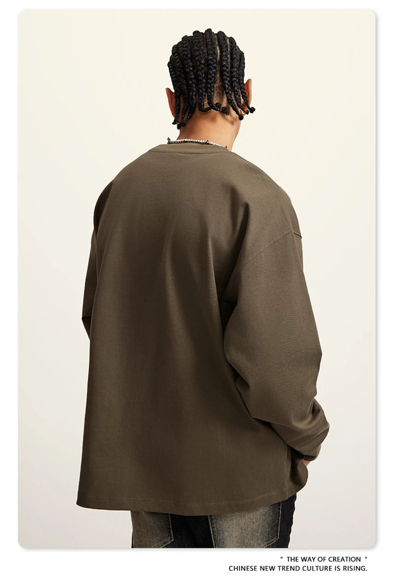 ZODF Autumn Winter 425gsm Long Sleeve T-Shirt American Retro Unisex Loose Heavyweight Basic Cotton T Shirts TEE HY0676