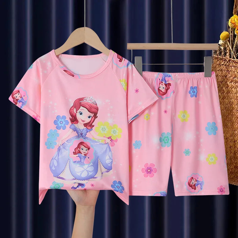 Girls Pajamas Sets Cute Cartoon Short Sleeve Kids Pyjama Snow White Princess Elsa Mickey Mouse Print Summer Pijama