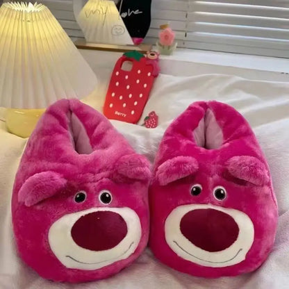 Disney Winter New Cute Cartoon Strawberry Bear Adult Home Cotton Shoes Indoor Floor Plush Warm Cotton Slippers Gift For Girls