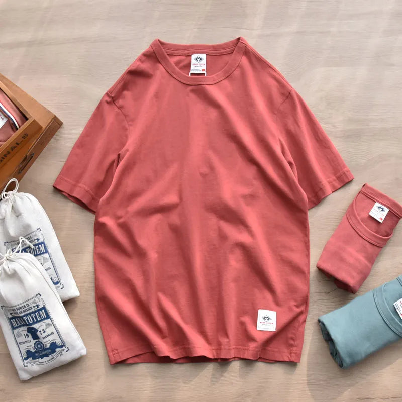 Summer New American Retro Short-sleeved O-neck Soild Color T-shirt Men's Fashion Simple 100% Cotton Washed Casual Sport Tops