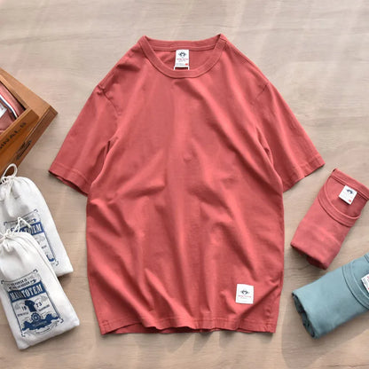 Summer New American Retro Short-sleeved O-neck Soild Color T-shirt Men's Fashion Simple 100% Cotton Washed Casual Sport Tops