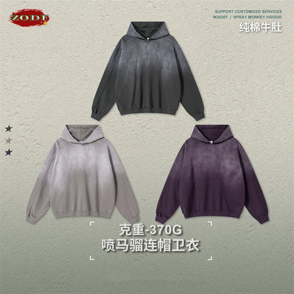 ZODF Retro Winter 370gsm Monkey Washed Hoodies For Man Unisex Oversized Off Shoulder 100% Cotton Hooded Coats Pullovers HY1136