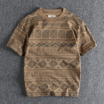 6013# Summer New American Retro Short Sleeve O-neck Geometric Printed T-shirt Men's Fashion 100% Cotton Washed Loose Casual Tops