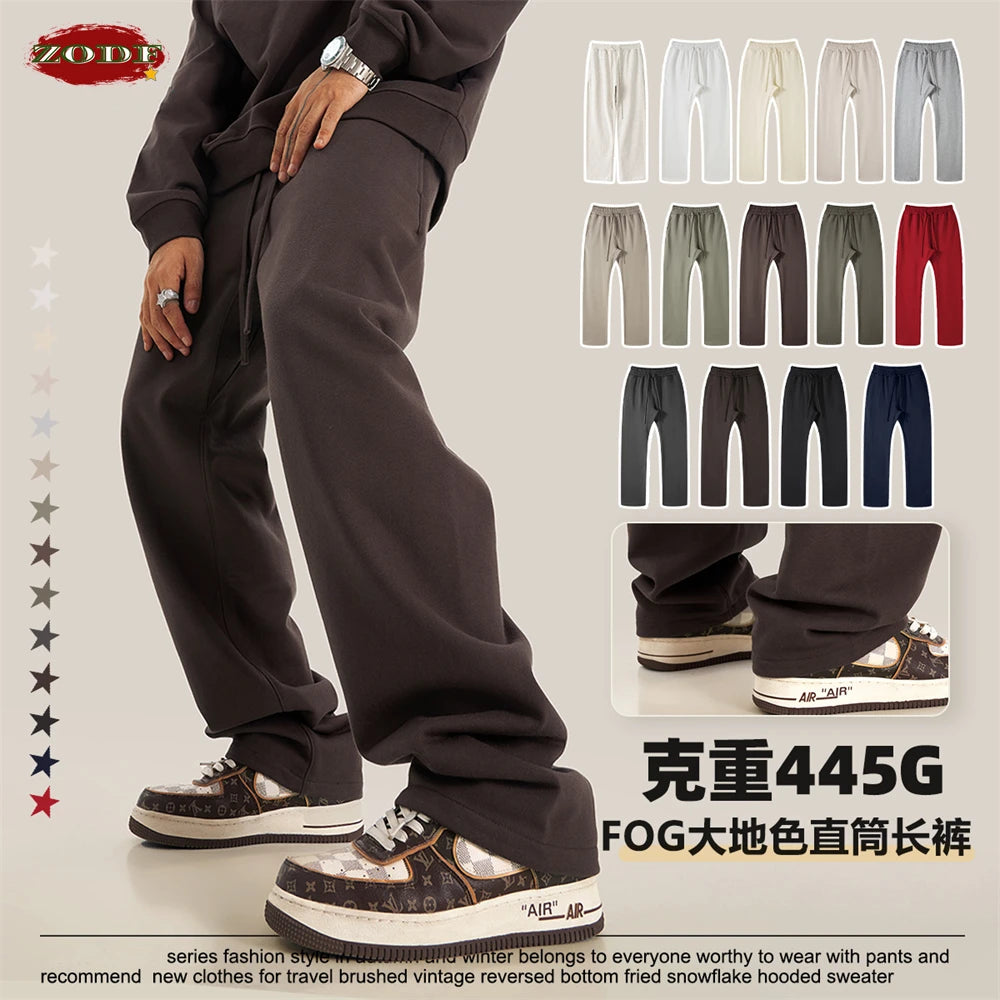 ZODF New 2025 Autumn Men's 445GSM Sweatpants Unisex High Street Soft Knitted Straight Pants Brand Streetwears Tracksuits HY0382
