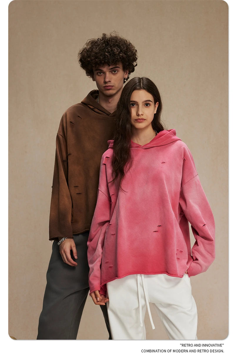 ZODF New Autumn Winter Men Monkey Washed Hoodies Unisex Disstressed Ripped Heavyweight Knitted 450gsm Hooded Pullovers HY0909