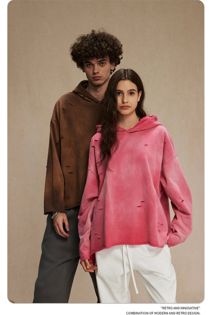 ZODF New Autumn Winter Men Monkey Washed Hoodies Unisex Disstressed Ripped Heavyweight Knitted 450gsm Hooded Pullovers HY0909