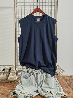 Summer New American Retro Sleeveless O-neck Soild Color T-shirt Men's Fashion 100% Cotton Washed Old Casual Sports Vest Tops