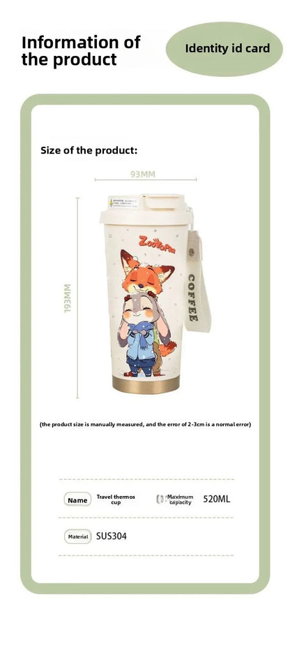 Disney Zootopia Coffee Mug Judy Nick 520ML 304 Stainless Insulated Cup Cartoon Thermos Cup Kids Student Water Cup Holiday Gift