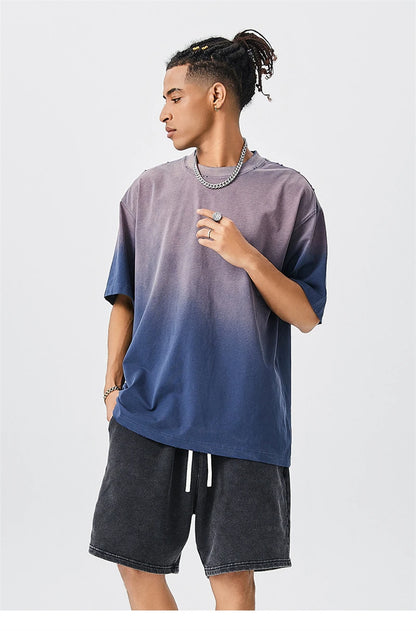 ZODF New Men's Summer Washed Gradient Cotton T-Shirts Unisex Women Retro Distressed 310gsm Ripped T Shirt Brand Tops HY0859