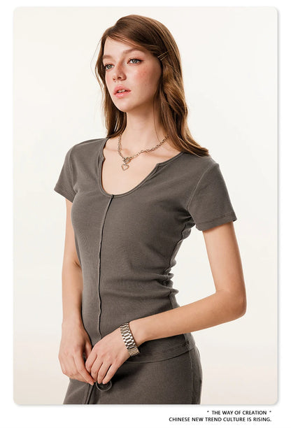 ZODF Women Retro 2025 Summer 275gsm U Collar Washed T-Shirts Hotsweet Girls Sexy Slim Fit T Shirt Brand Tees HY0992