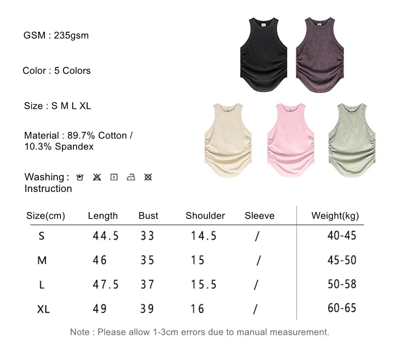 ZODF Women 2024 Summer Washed Tank Tops Female Hotsweet Girls 235gsm Slim Pleated Arc Hem Camisole TEE Streetwears HY0795