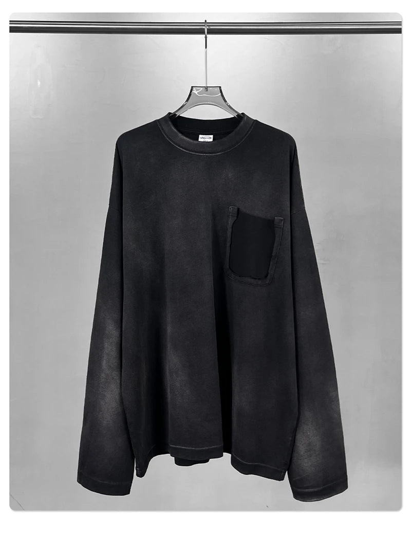 ZODF Retro Man's 325gsm Cotton Full Sleeve T-Shirts Unisex Distressed Wastland Style Monkey Washed T Shirt Tees HY1160