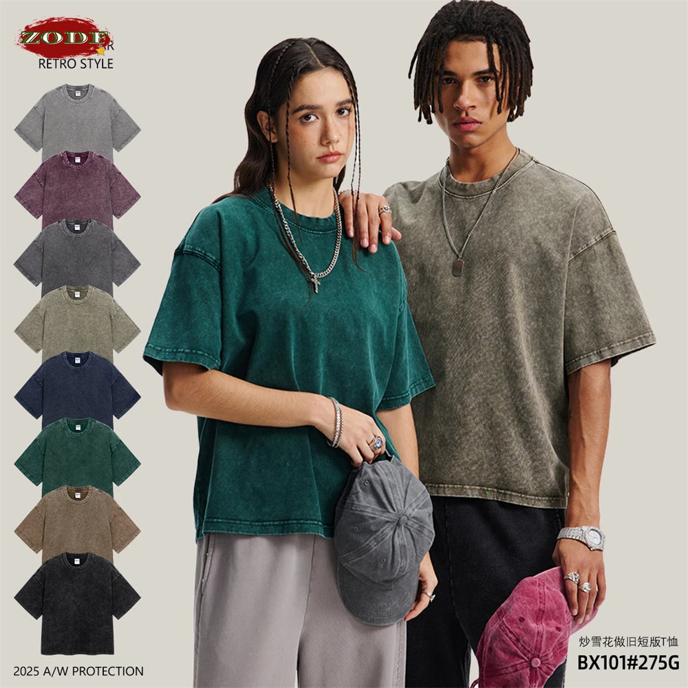ZODF New Hip Hop Washed Cotton Boxy T-Shirts For Men Unisex Retro Loose Fit Basic Short Version T Shirt Brand Tops HY1076