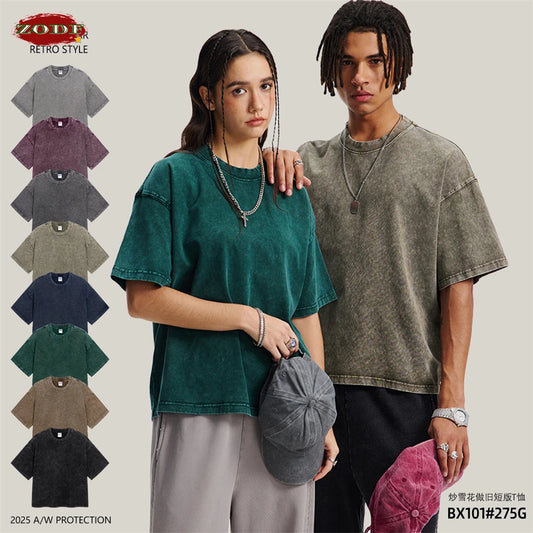 ZODF New Hip Hop Washed Cotton Boxy T-Shirts For Men Unisex Retro Loose Fit Basic Short Version T Shirt Brand Tops HY1076